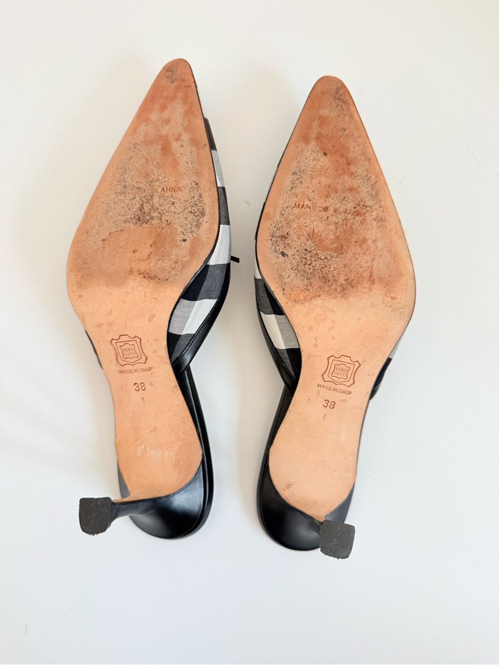 Manolo Blahnik LATAMU Black White Gingham Check Bow Pointed Toe Kitten mules 38 - Picture 8 of 10